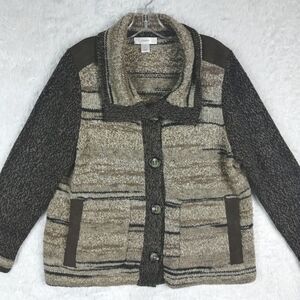 CJ Banks Womens Sweater Cardigan Brown Neutral Button Front‎ Knit Faux Leather X